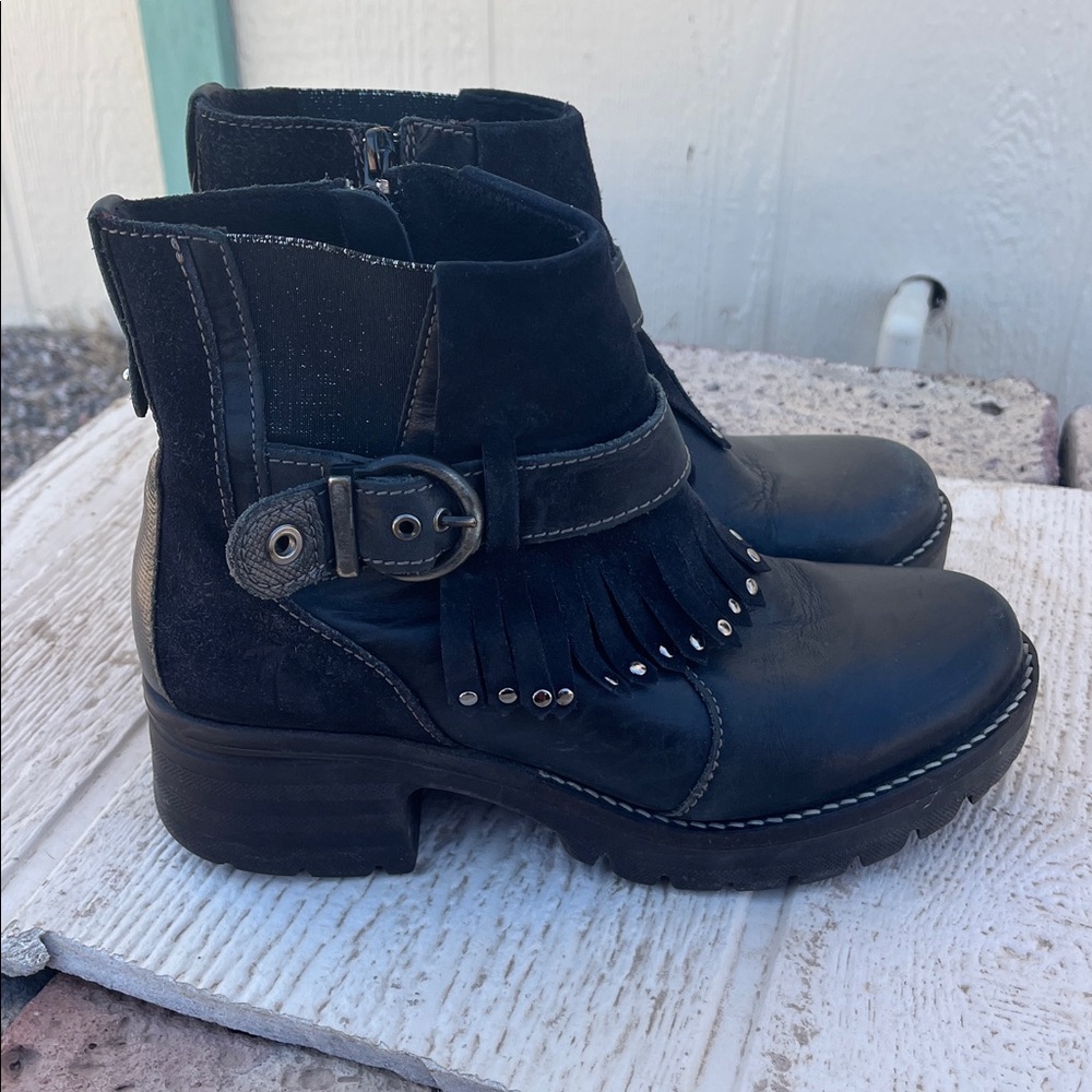 Dromedaris Krissy Moto Fringe Buckle Black Leather Boots Size 38 (USA 7.5-8)